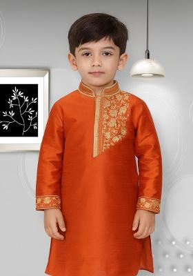 Rust Orange Embroidery Silk Kurta For Boys