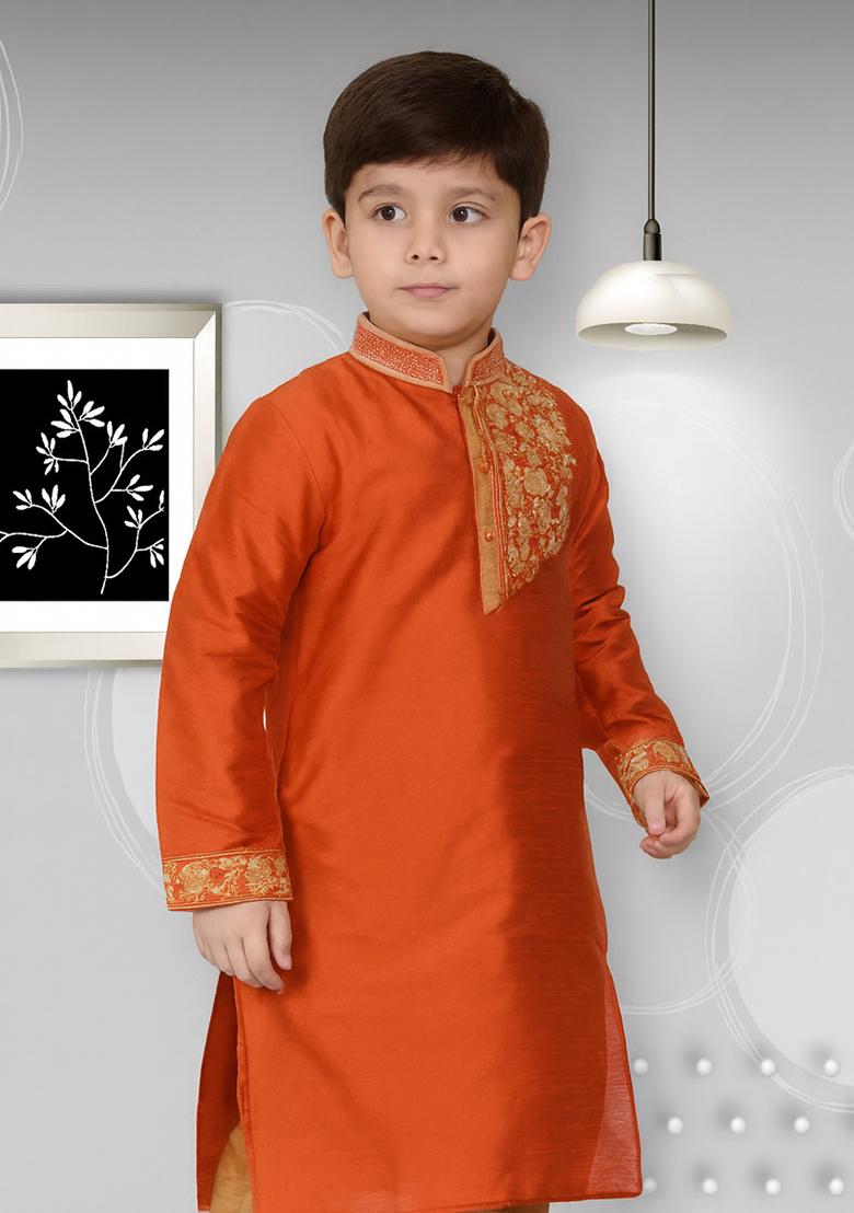 Rust Orange Embroidery Silk Kurta For Boys - Indya