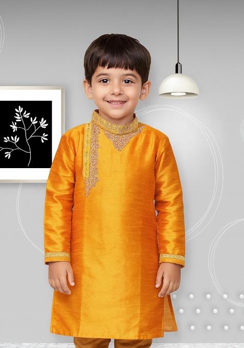Yellow Embroidery Silk Kurta For Boys