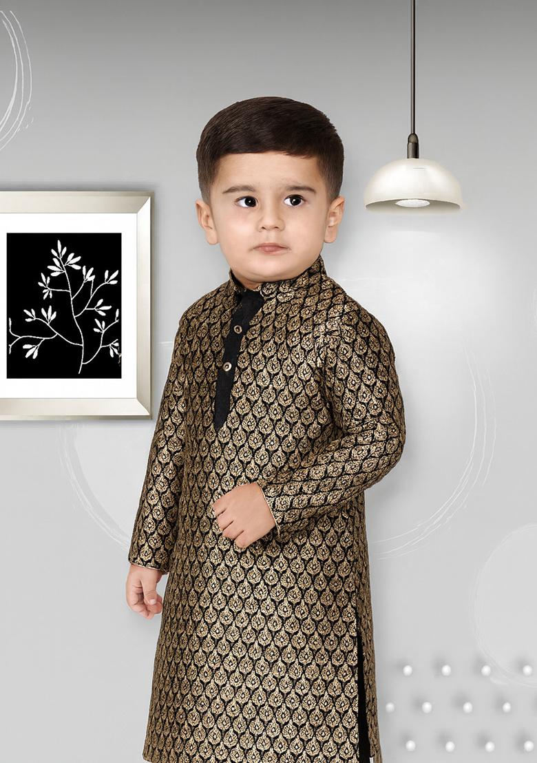 Black Printed Silk Kurta For Boys - Indya