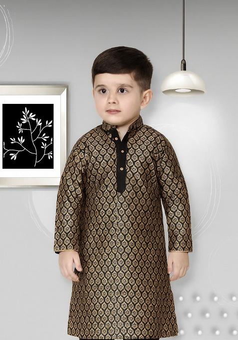 Black Printed Silk Kurta For Boys