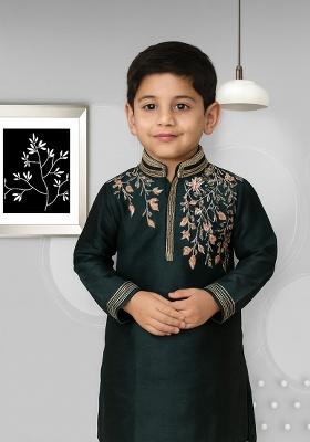 Bottle Green Embroidery Silk Kurta For Boys