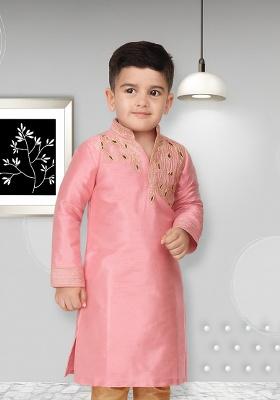 Pink Embroidery Silk Kurta For Boys