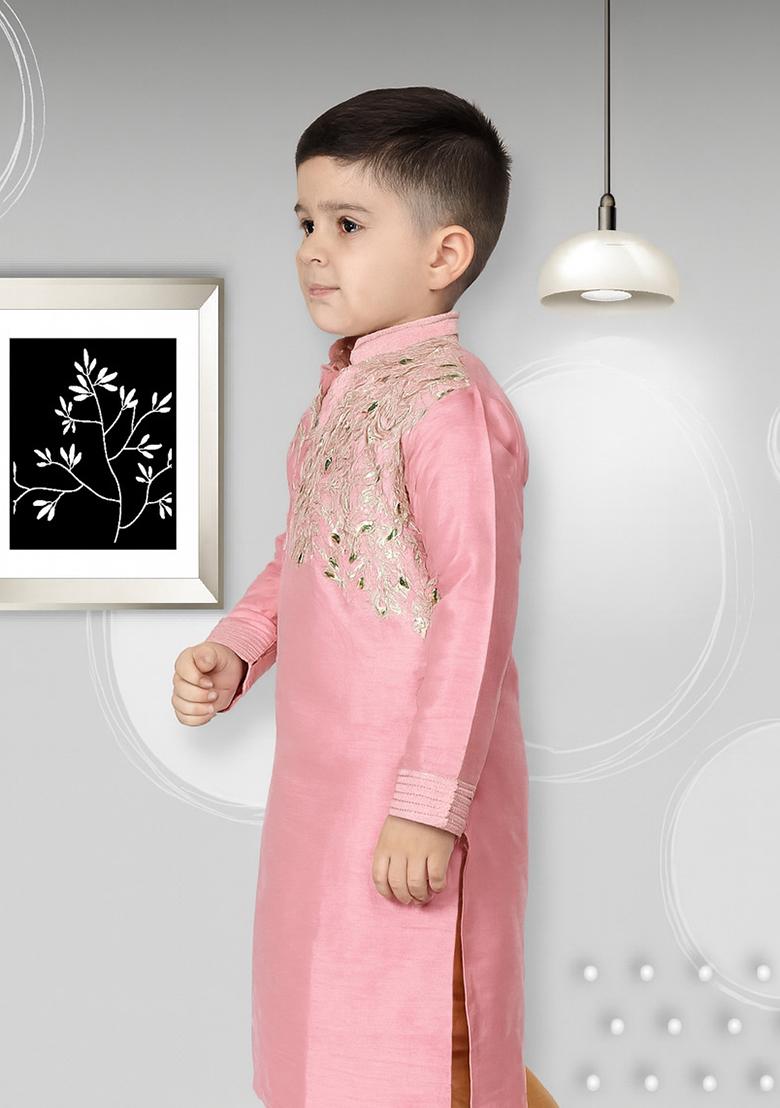 Pink Embroidery Silk Kurta For Boys - Indya