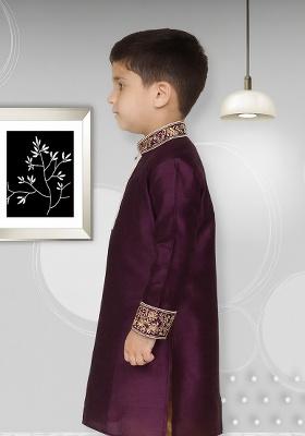 Purple Embroidery Silk Kurta For Boys