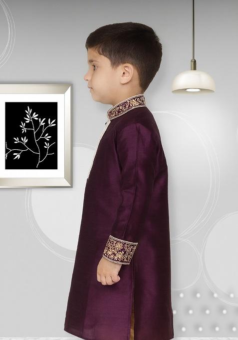 Purple Embroidery Silk Kurta For Boys