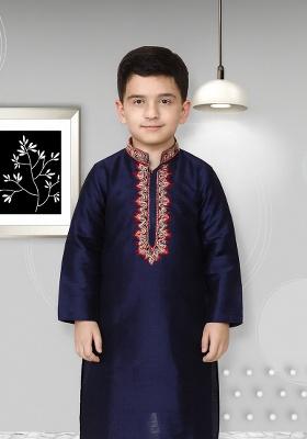Navy Blue Embroidery Silk Kurta For Boys
