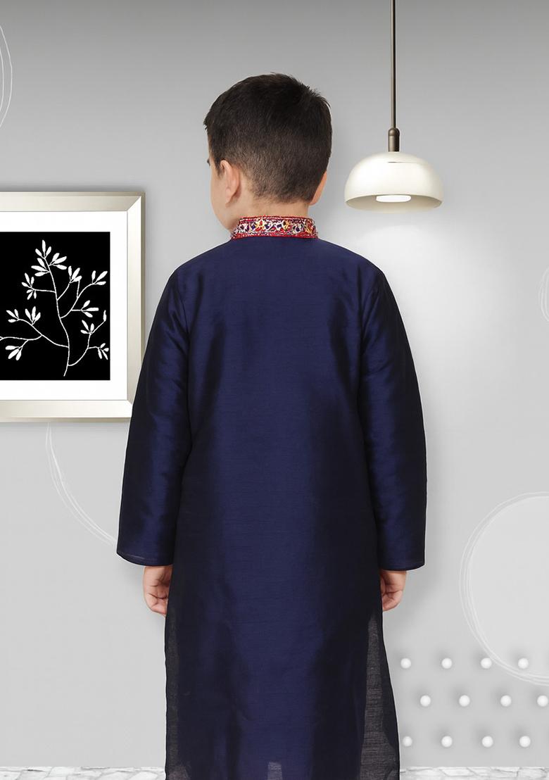 Navy Blue Embroidery Silk Kurta For Boys - Indya