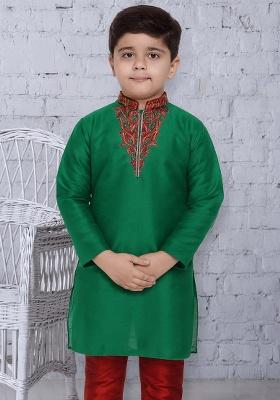 Green Embroidery Silk Kurta For Boys