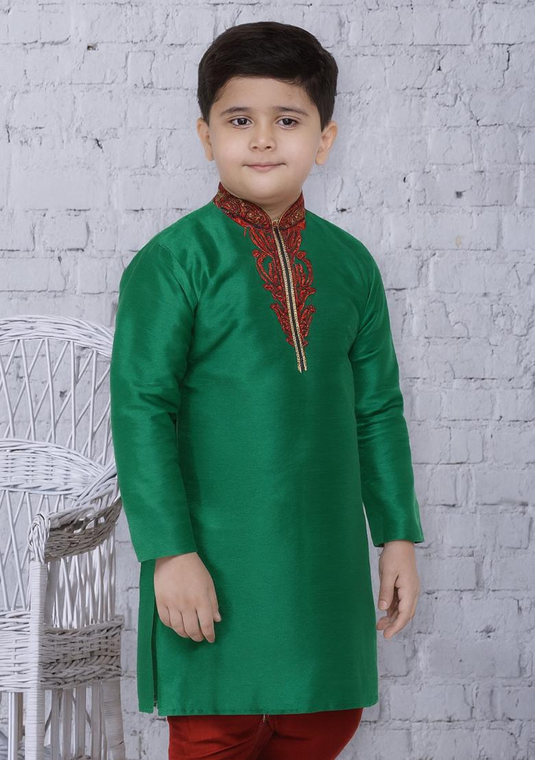 Green Embroidery Silk Kurta For Boys - Indya