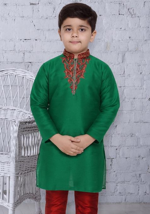 Green Embroidery Silk Kurta For Boys