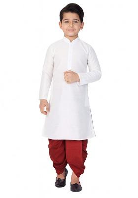White Plain Silk Kurta With Bottom For Boys