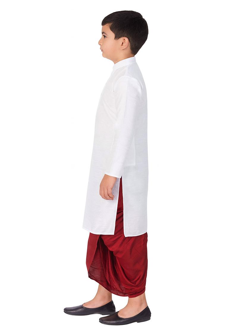 White Plain Silk Kurta With Bottom For Boys - Indya