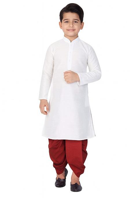 White Plain Silk Kurta With Bottom For Boys