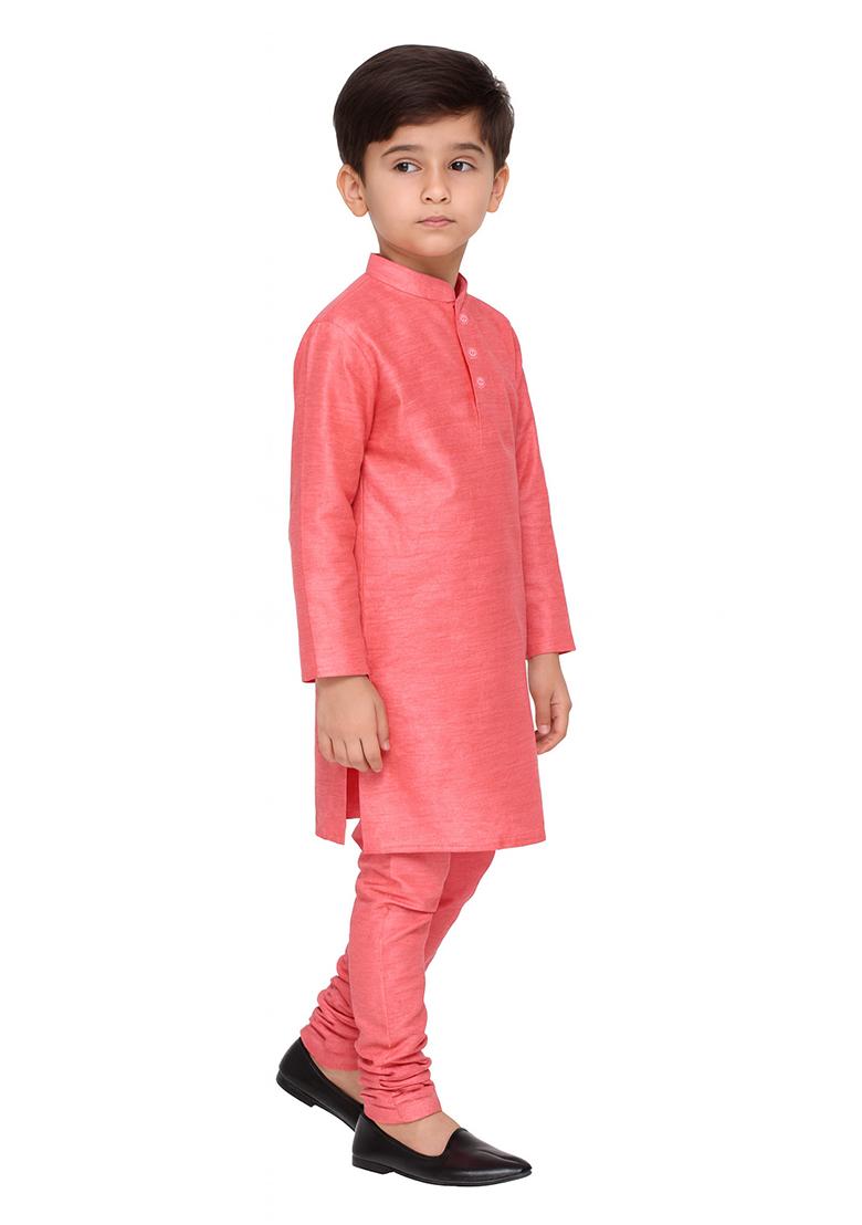 Pink Plain Silk Kurta With Bottom For Boys - Indya
