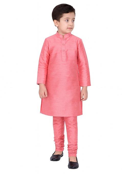 Pink Plain Silk Kurta With Bottom For Boys