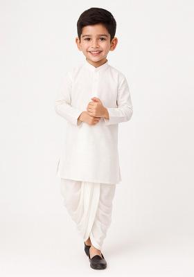 White Plain Silk Kurta With Bottom For Boys