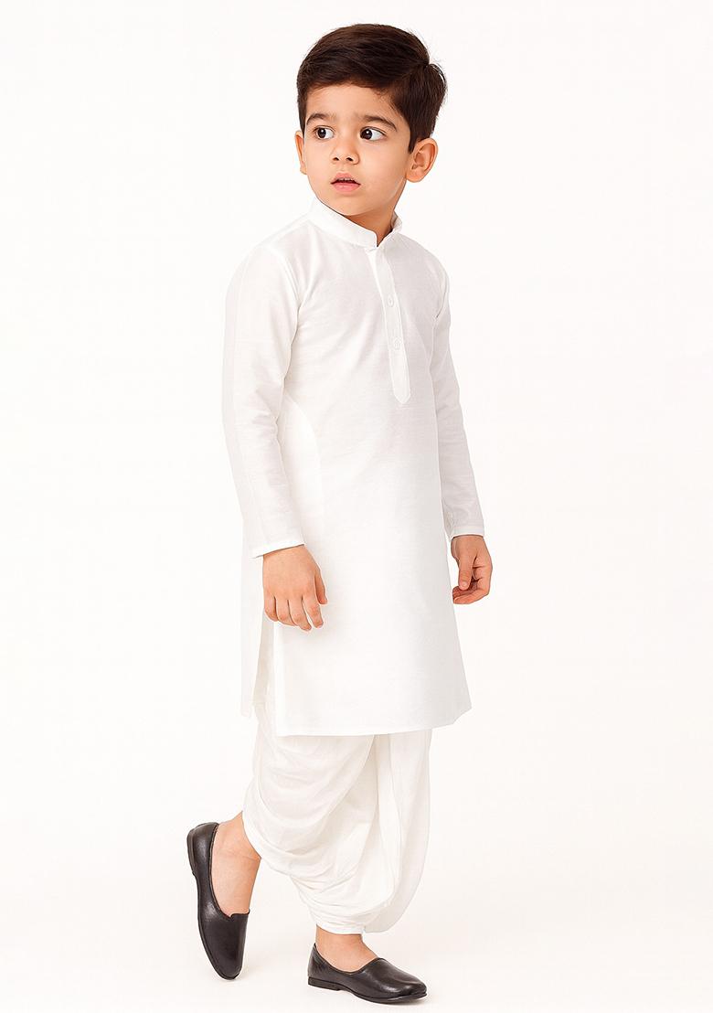 White Plain Silk Kurta With Bottom For Boys - Indya