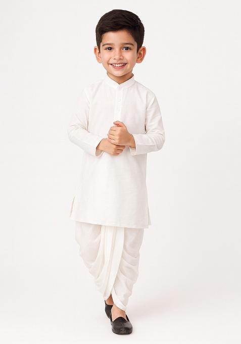 White Plain Silk Kurta With Bottom For Boys