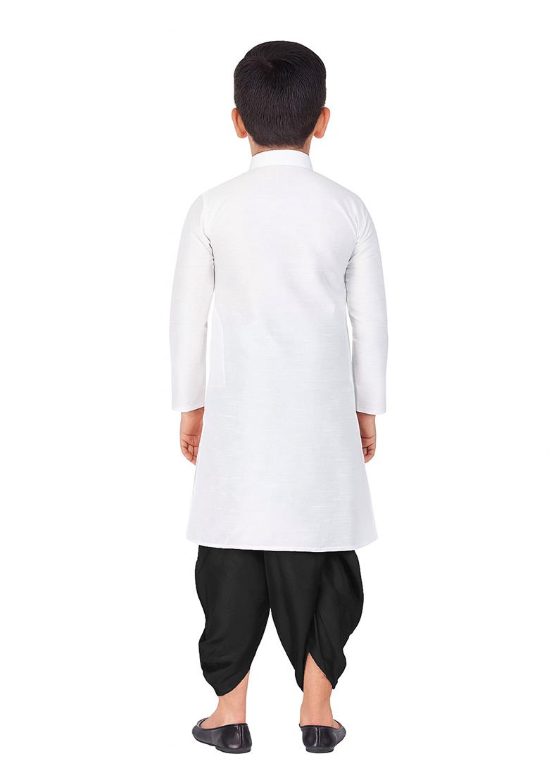White Plain Silk Kurta With Bottom For Boys - Indya