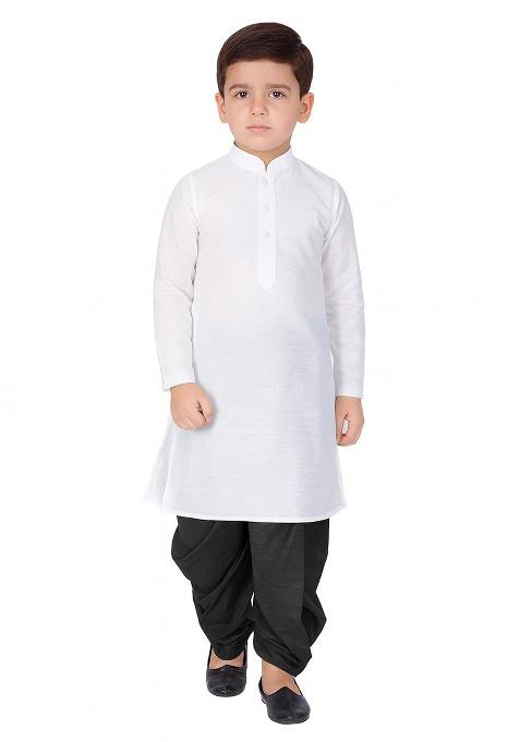 White Plain Silk Kurta With Bottom For Boys