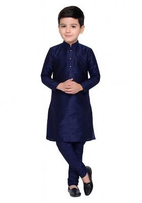 Navy Blue Plain Silk Kurta With Bottom For Boys