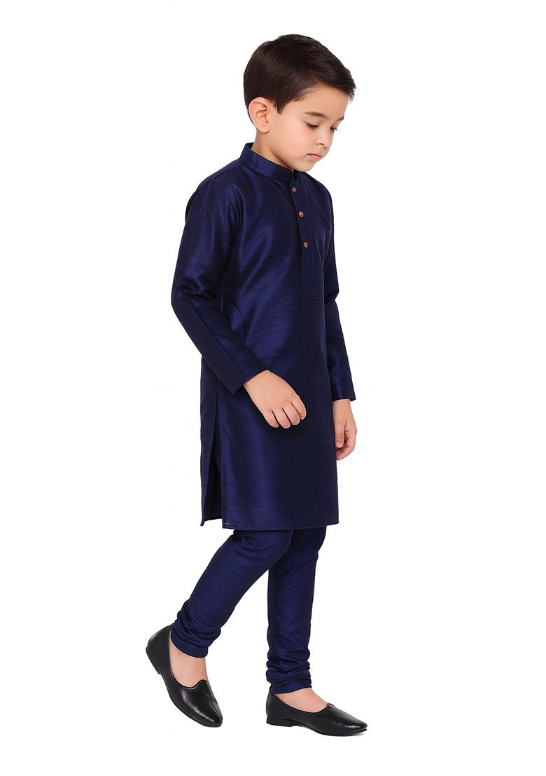 Navy Blue Plain Silk Kurta With Bottom For Boys - Indya