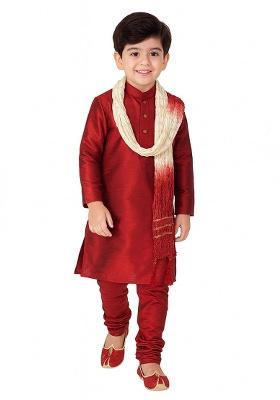 Maroon Plain Silk Kurta With Bottom For Boys