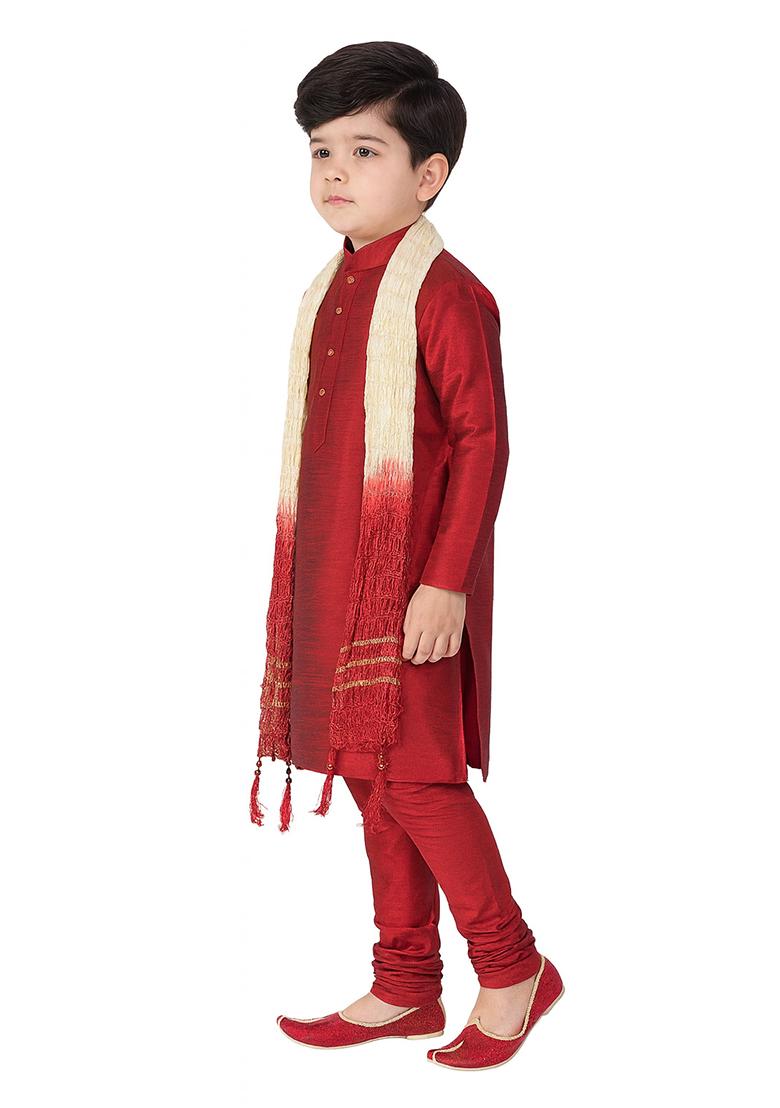 Maroon Plain Silk Kurta With Bottom For Boys - Indya