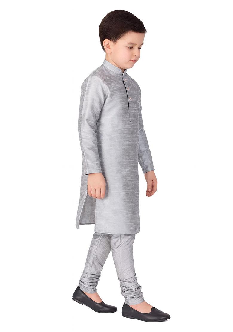 Grey Plain Silk Kurta With Bottom For Boys - Indya