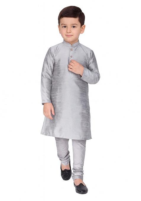 Grey Plain Silk Kurta With Bottom For Boys