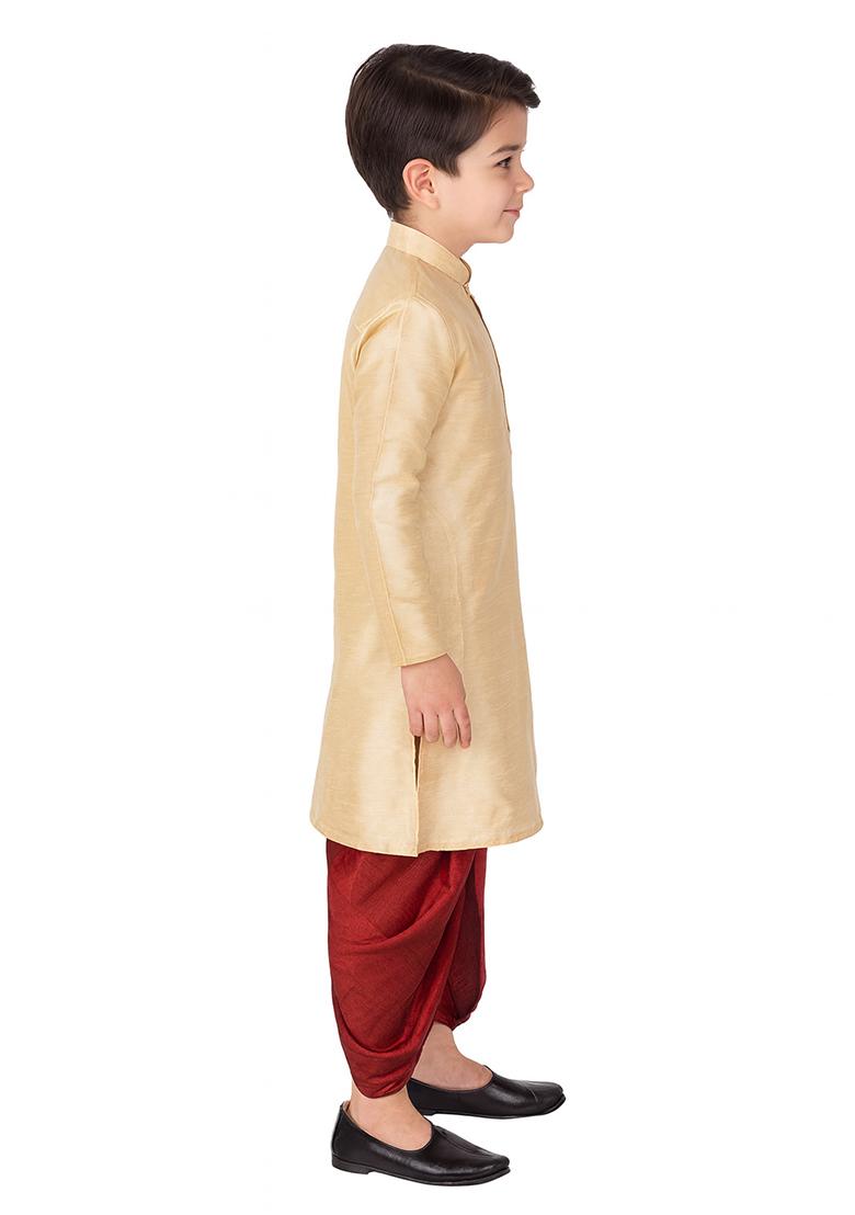 Fawn Plain Silk Kurta With Bottom For Boys - Indya