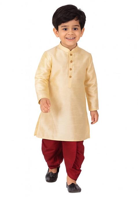 Fawn Plain Silk Kurta With Bottom For Boys