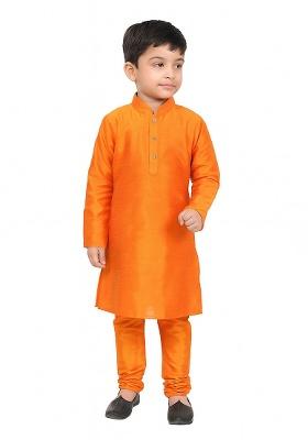 Orange Plain Silk Kurta With Bottom For Boys