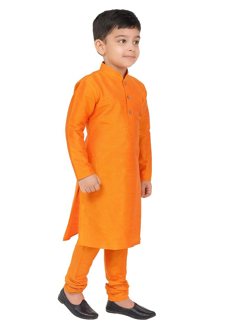 Orange Plain Silk Kurta With Bottom For Boys - Indya