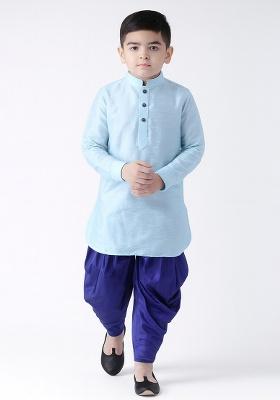 Light Blue Plain Silk Kurta With Bottom For Boys
