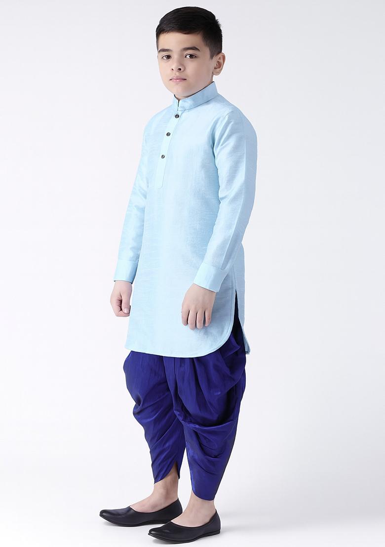 Light Blue Plain Silk Kurta With Bottom For Boys - Indya
