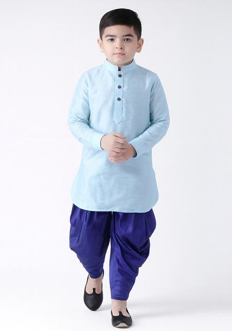 Light Blue Plain Silk Kurta With Bottom For Boys