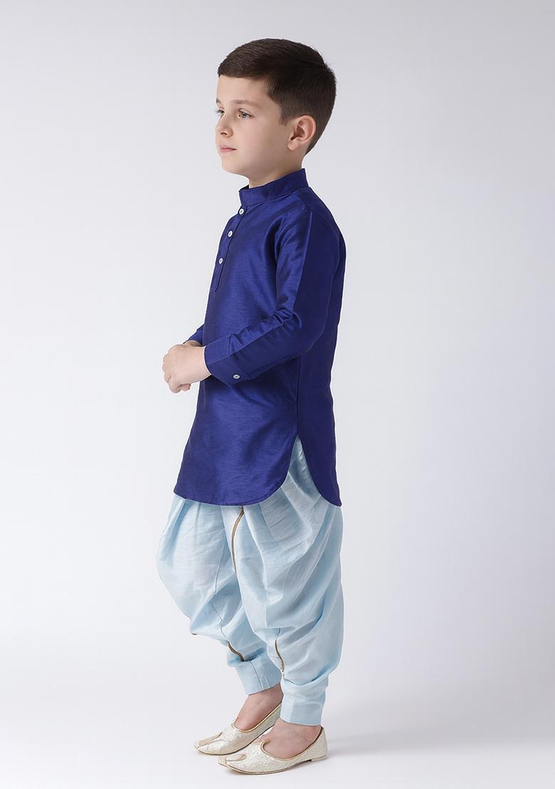 Royal Blue Plain Silk Kurta With Bottom For Boys - Indya