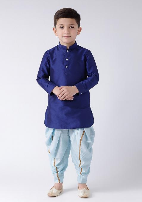 Royal Blue Plain Silk Kurta With Bottom For Boys