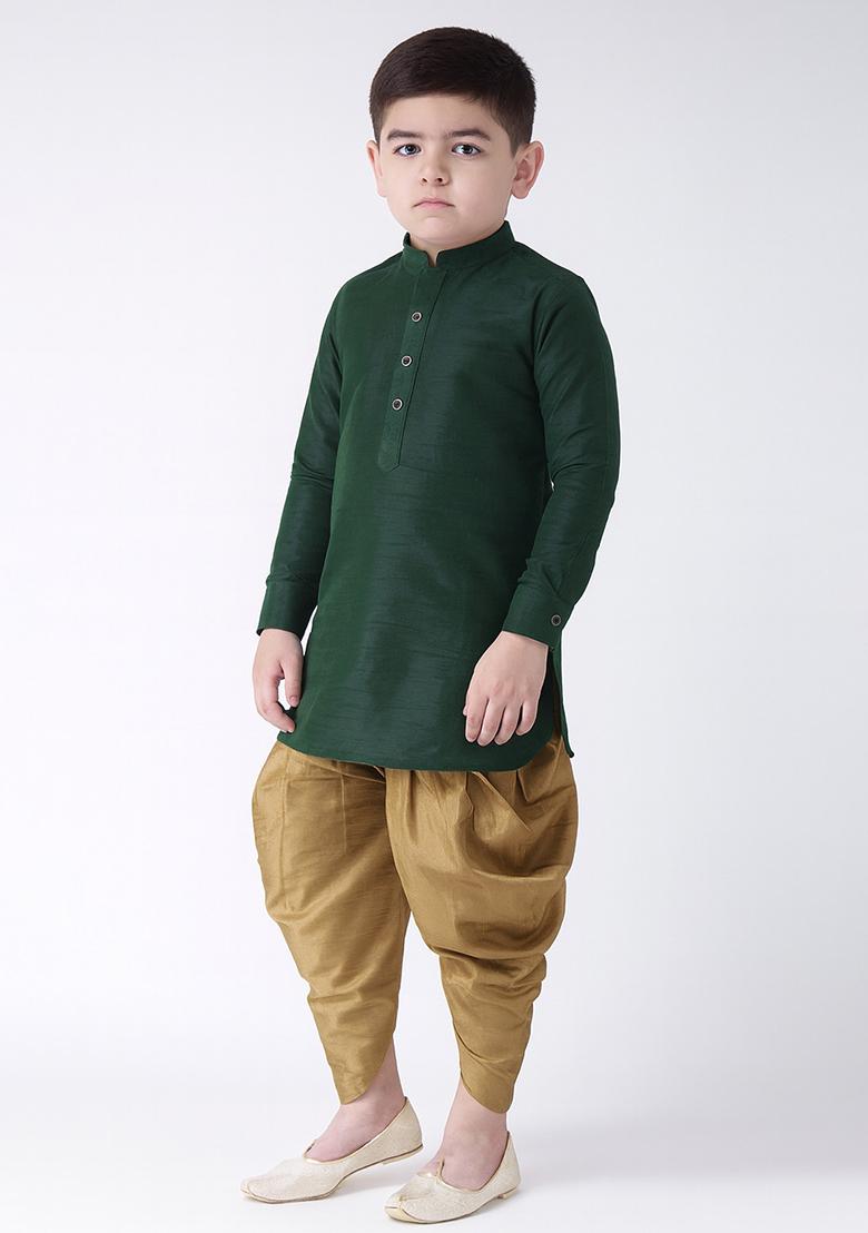Bottle Green Plain Silk Kurta With Bottom For Boys - Indya