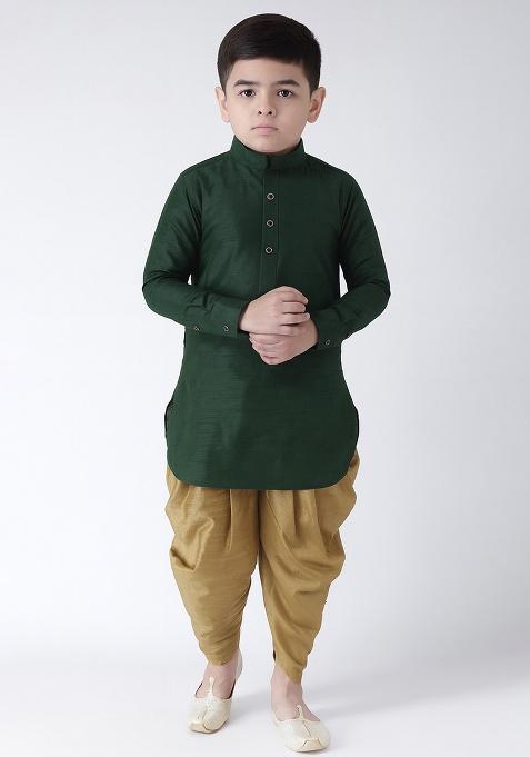 Bottle Green Plain Silk Kurta With Bottom For Boys