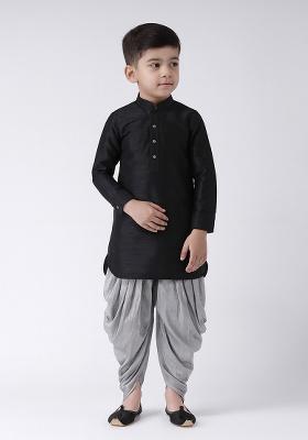 Black Plain Silk Kurta With Bottom For Boys