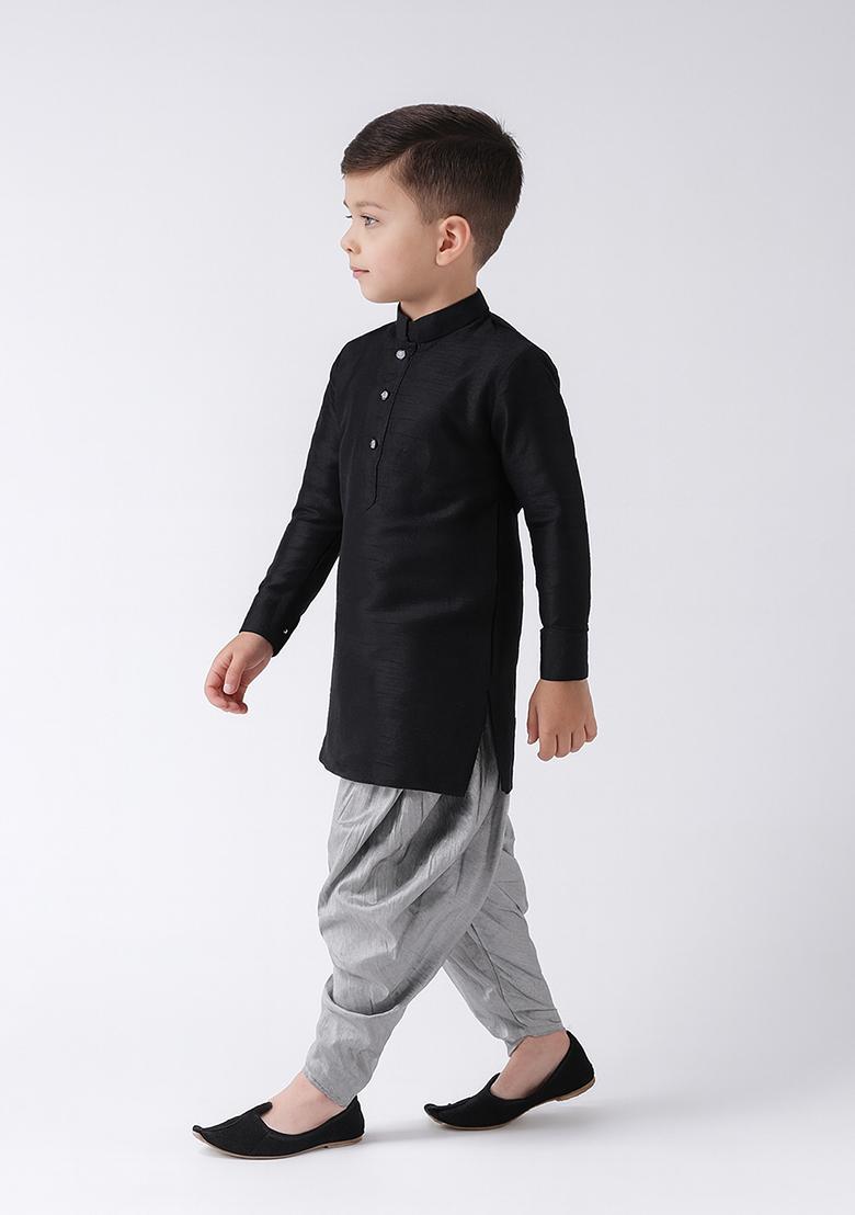 Black Plain Silk Kurta With Bottom For Boys - Indya