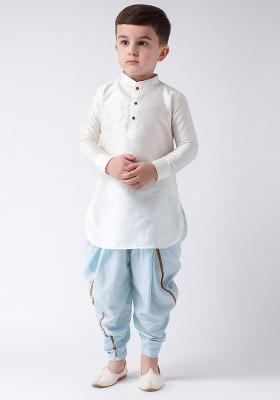 White Plain Silk Kurta With Bottom For Boys