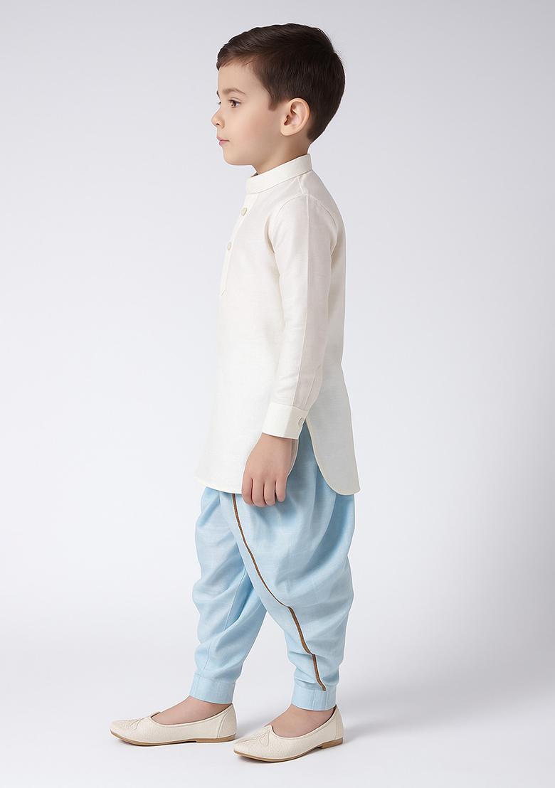 White Plain Silk Kurta With Bottom For Boys - Indya