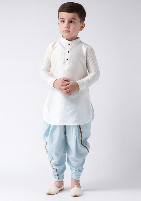White Plain Silk Kurta With Bottom For Boys