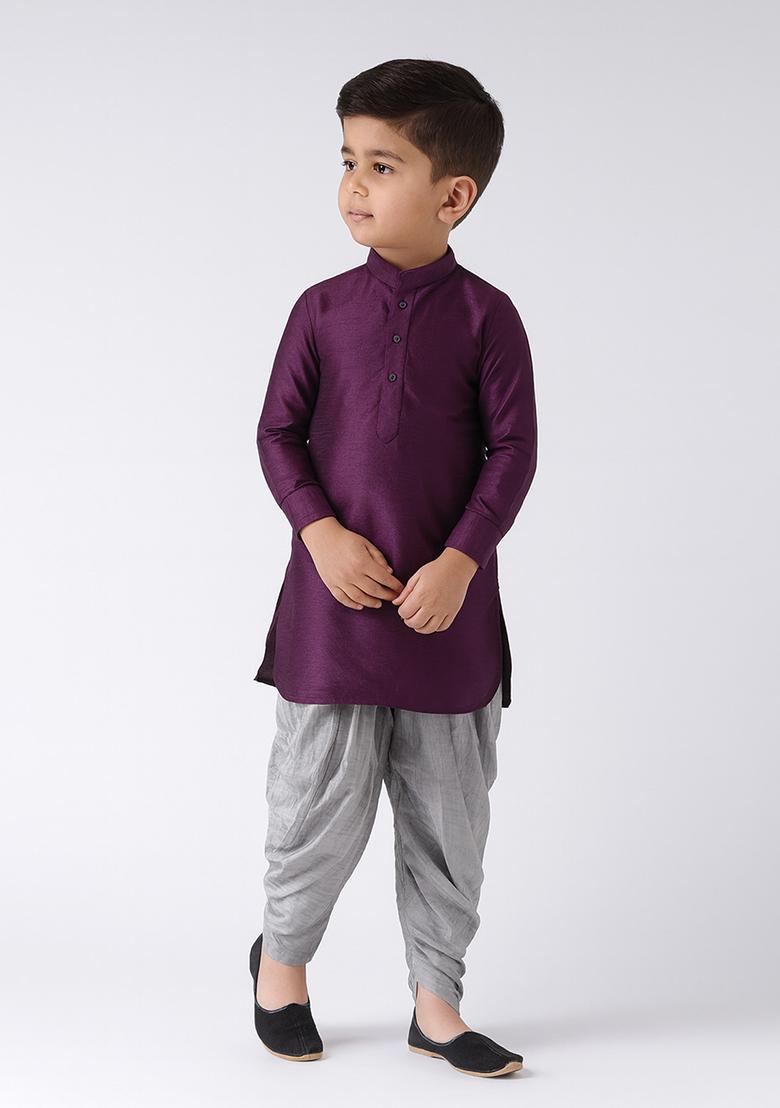 Purple Plain Silk Kurta With Bottom For Boys - Indya