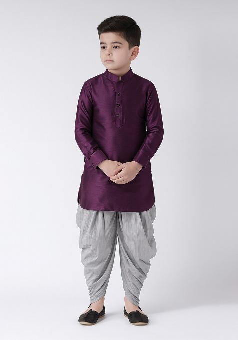 Purple Plain Silk Kurta With Bottom For Boys