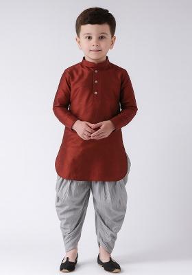 Maroon Plain Silk Kurta With Bottom For Boys